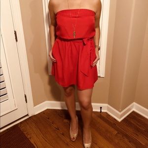 DONATED strapless red mini w/ sash belt & pockets